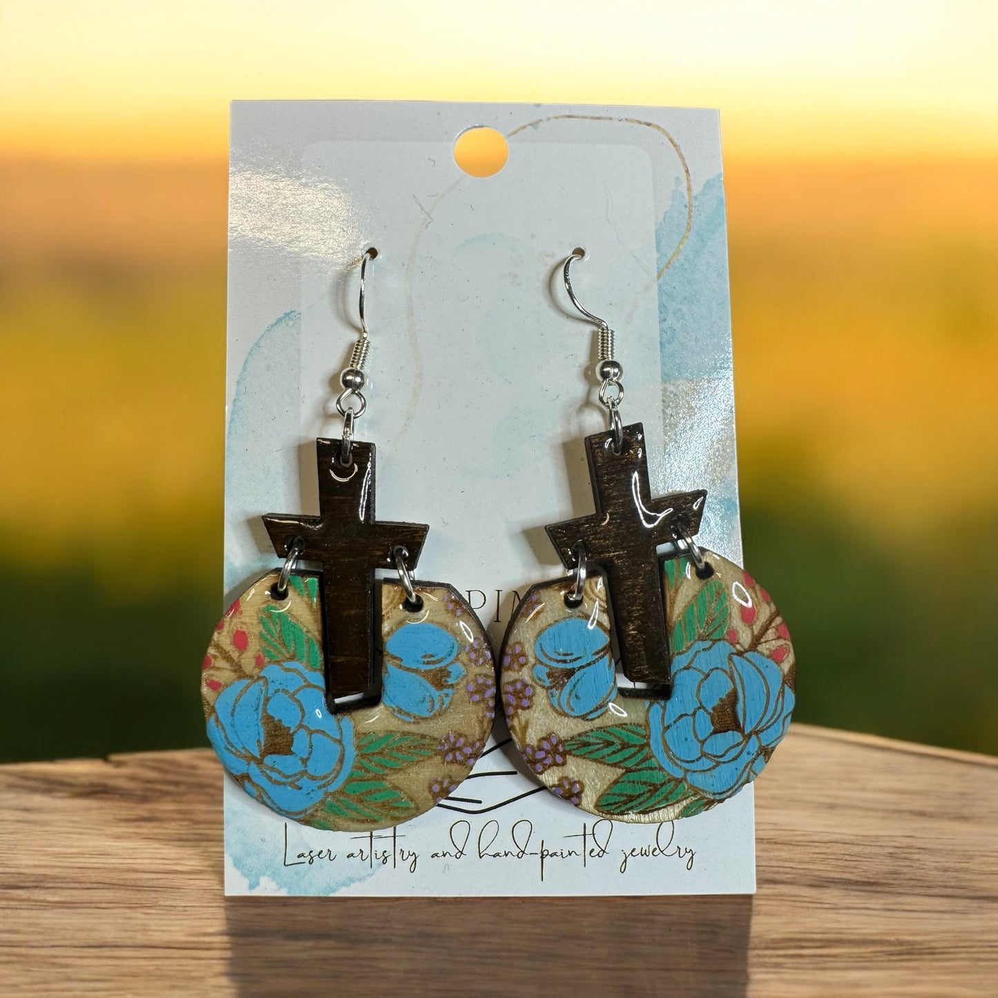 Blue Floral Cross Earrings